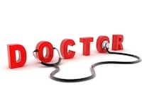 Red "Doctor" block text with stethoscope listening to the "O's"