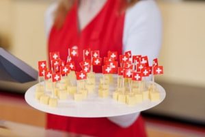 cheese sample plate with mini red cross flags