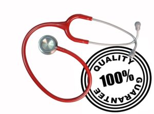 stethoscope and a stamp reading "Quality Guarantee 100%"