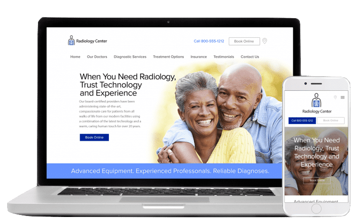 Laptop screen and iPhone screen both displaying "Radiology center" homepage