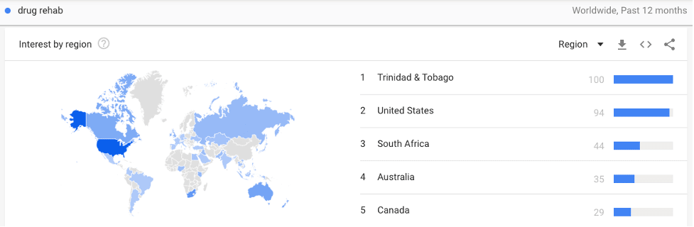 World Map of Interest in Drug Rehabs